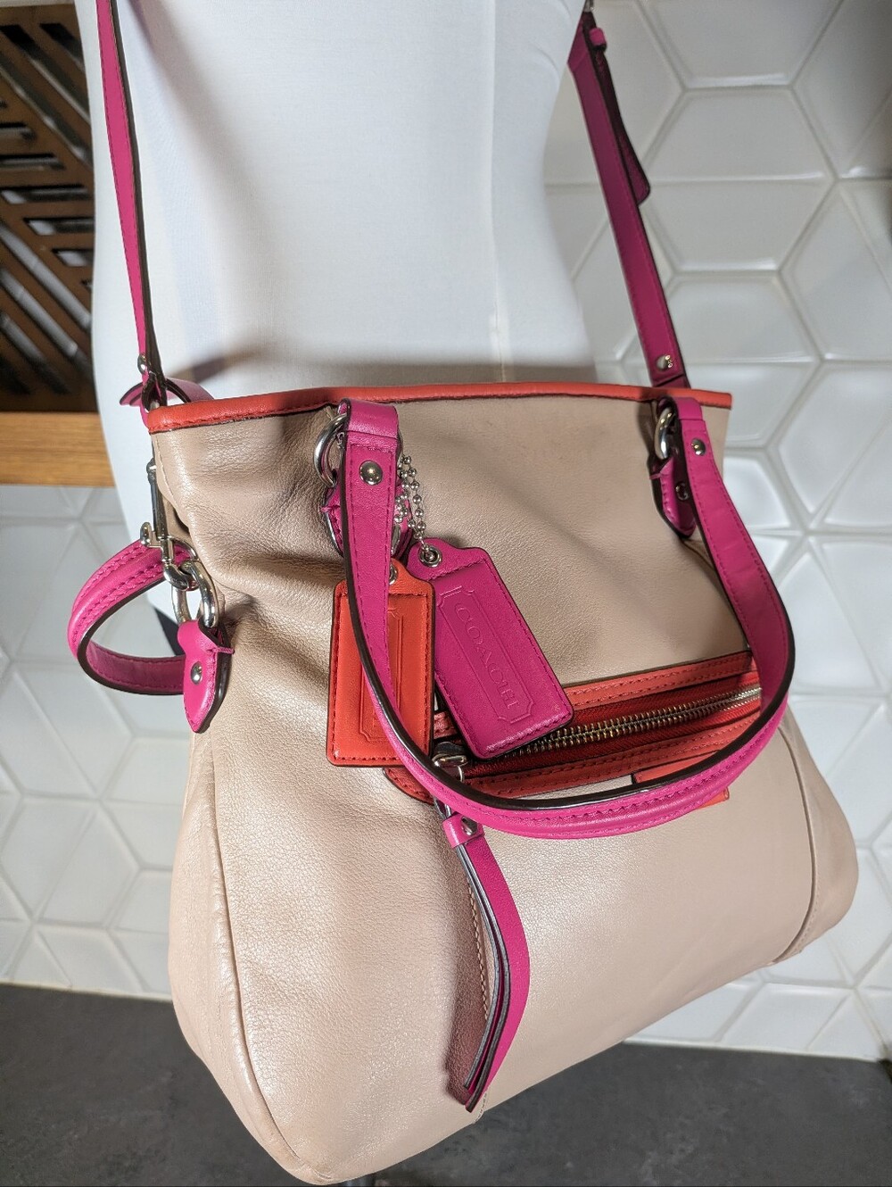 Coach Leather Mia Satchel Pink Orange Crossbody Womens Shoulder Bag
